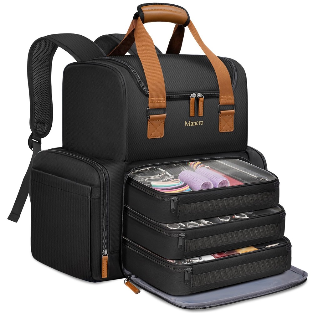 Mancro Hairstylist Travel Bag, 2-Layer Cosmetology Bag with 3 Separate Black