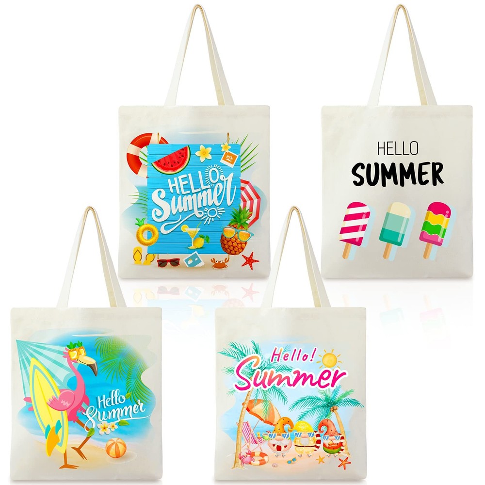 4 Pcs Hello Summer Tote Bag Beach Flamingo Hawaii Cute Reusable Handbag Washa…