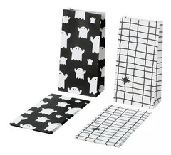 Pack of 12 IKEA KUSTFYR Halloween Paper Bag Mixed Patterns White / Black 12x24cm