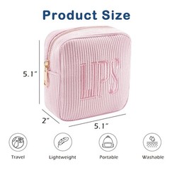 Lestikave Small Makeup Bag for Purse，Personalized Mini Corduroy 01Pink LIPS