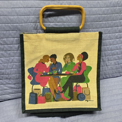 Our Own Image Reusable Tote Bag Wooden Handles Beige/Green Multicolor 12×12