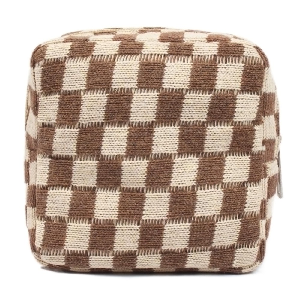 Small Brown Makeup Bag for Purse, Mini Checkered Cosmetic