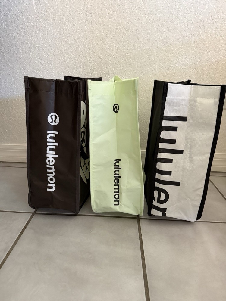 Lululemon Reusable Shopping Bags Set of 3, Large 2 Black 1 Lime Green 16”x13”