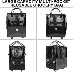 MRINCA Large Reusable Shopping Bag with Wheels Black Multiple Pockets Zippered