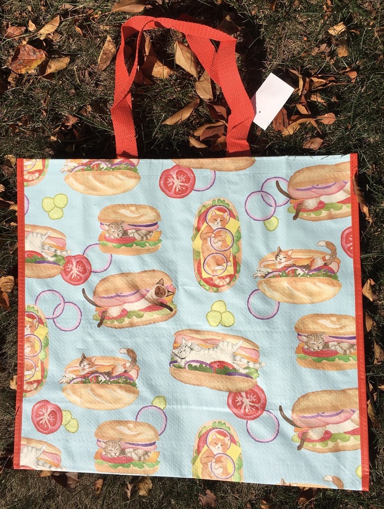 Reusable Shopping Bag Tote~Cat Kitty Sandwich Grinders Subs w/Pickles & Tomatoes