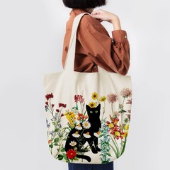 Black Cat Canvas Tote Bag with Zipper Pockets Vintage Flowers Cute Tote Bag A…