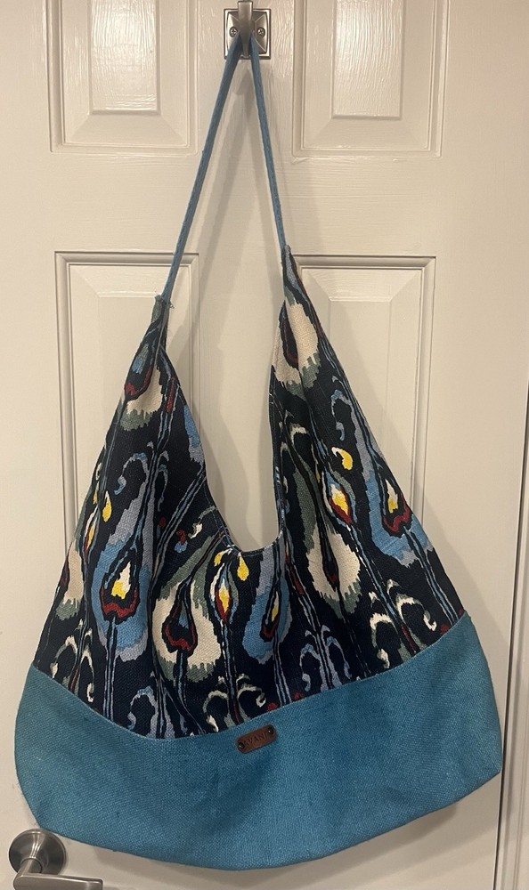 Avani Jute Burlap Canvas Beach Hobo Bag Tote – Blue Abstract – Large