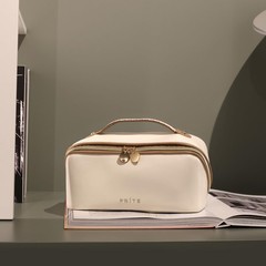 Prite Makeup Bag for Women Travel Waterproof Vegan Leather Medium, Beige