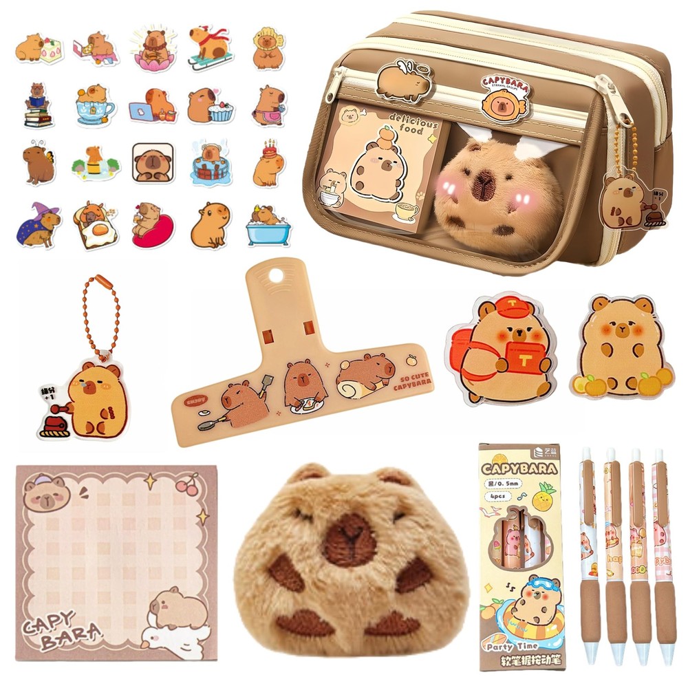 IN Chenthy Capybara Pencil Case Kit with Plush Doll+20 Stickers+2 Brown