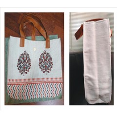Jute Cotton Ladies Shopping & Travel Bag with Artificial Leather handle