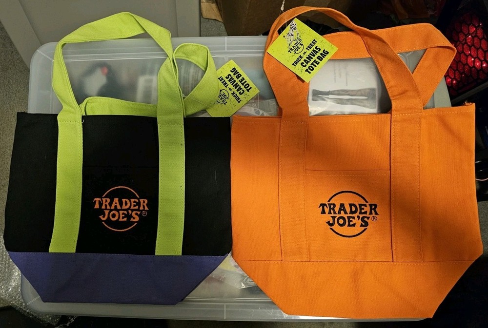 Trader Joe’s Mini Halloween Canvas Tote Bag Ltd Ed. Lot Of 2 – Black & Orange