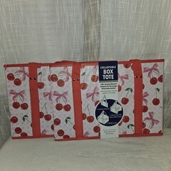 Collapsible Box Tote Cherry Gingham Bows Reusable Folds Flat Heavy Duty NEW