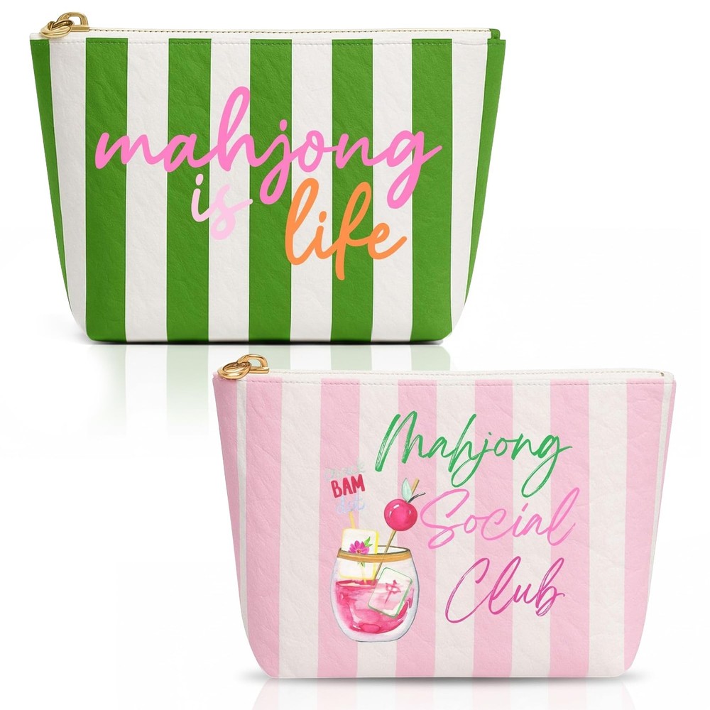 Aspen Lane Makeup Bag Set of 2 Mahjong Tile Bags 9″x7″ and 9″x6″x3″, Pink