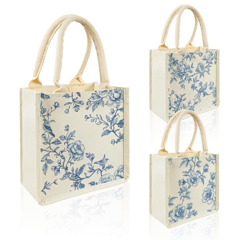 3 Pcs Chinoiserie Burlap Tote Bags Blue White Floral Bird Wedding Tote Bags w…