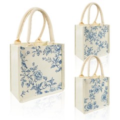 3 Pcs Chinoiserie Burlap Tote Bags Blue White Floral Bird Wedding Tote Bags w…