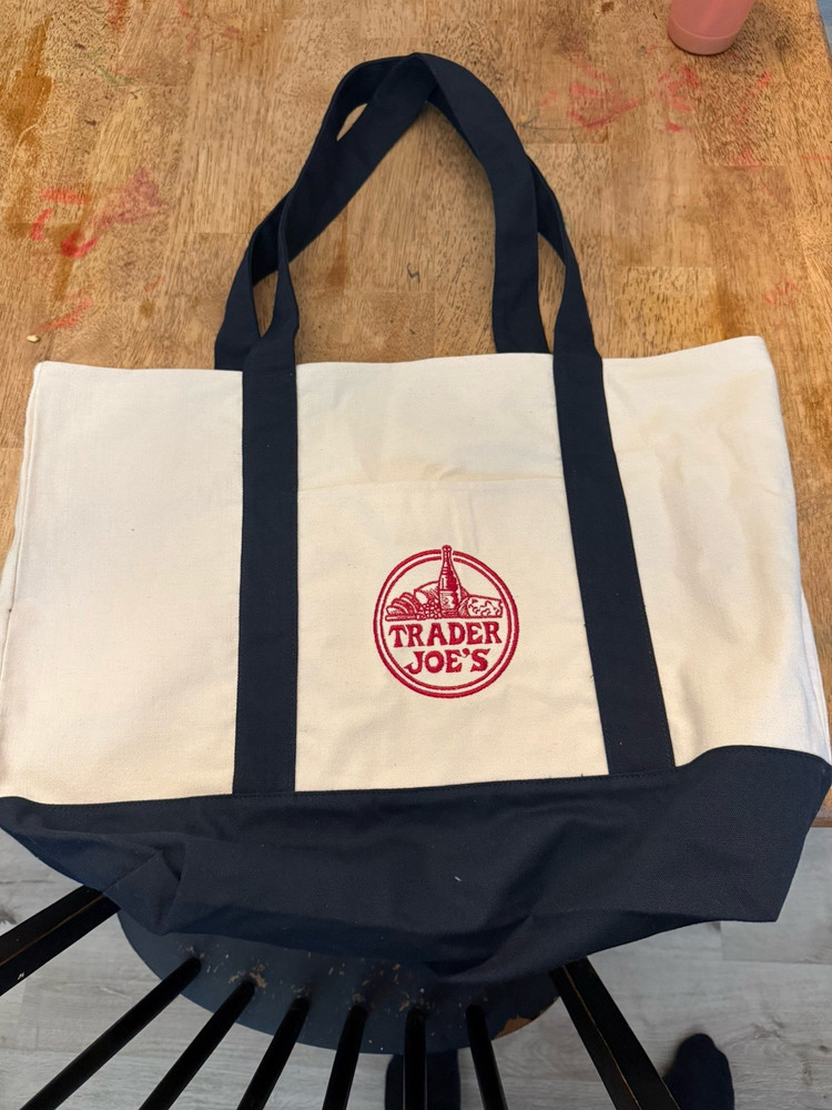 Trader Joe’s Large Canvas Reusable Shopping Bag Beige Navy Blue Foldable Tote
