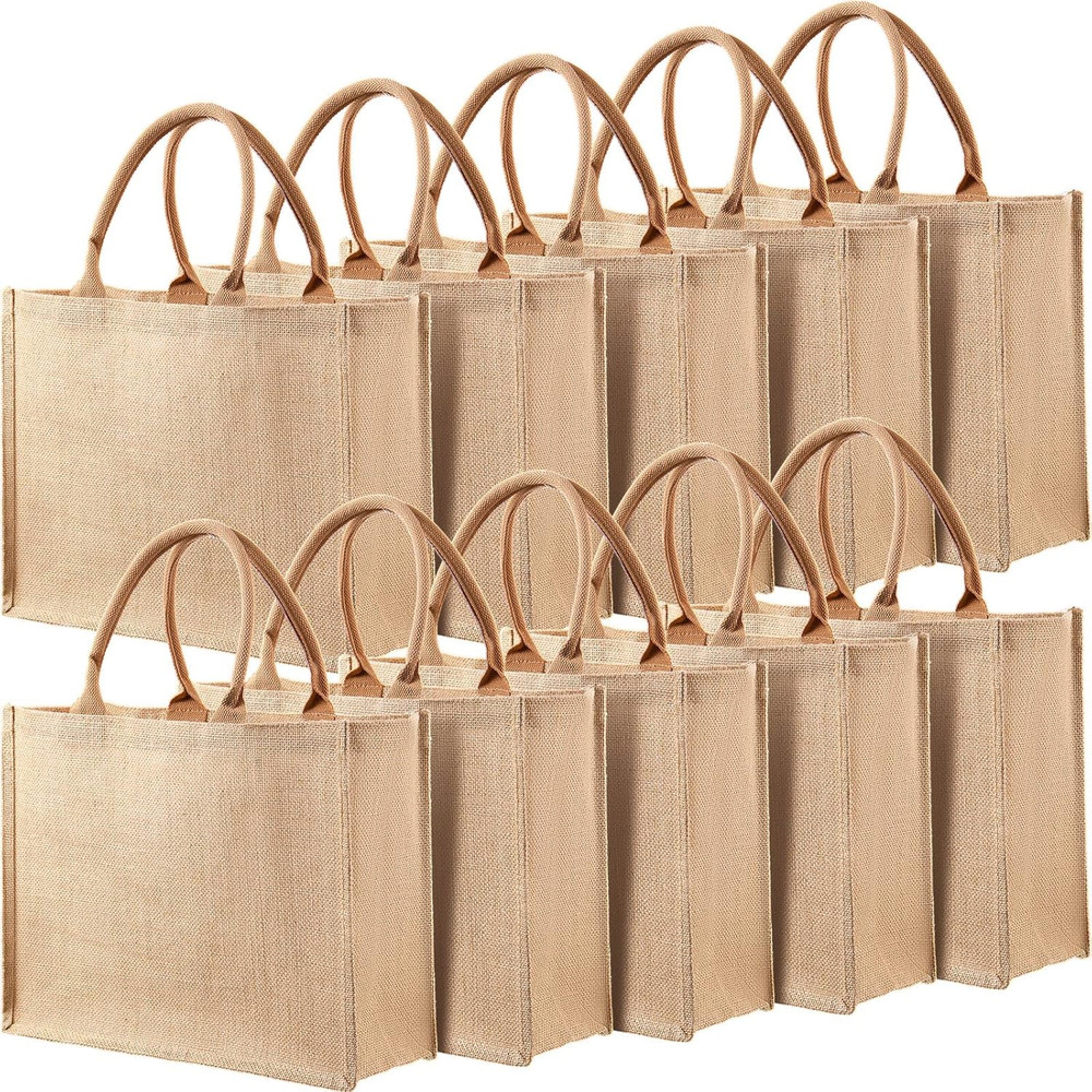 10 Pack Burlap Tote Bag Set, Reusable Blank Jute Burlap Grocery Bag with Handle