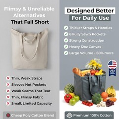 Canvas Grocery Bag 3pc Jumbo Set with Real Pockets, Long Shoulder Strap and S…