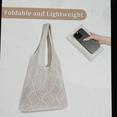 Beige Medium Foldable Lightweight Mesh Knitted Reusable Beach Bag, Durable