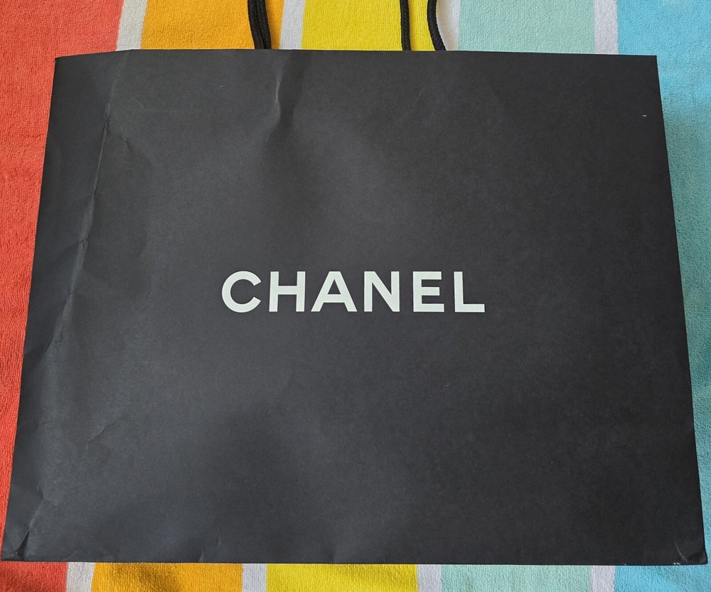 Authentic CHANEL Paper Shopping Bag Rope Handle Glossy Black 10.5 x9 x4.5”