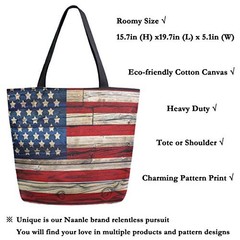 4th of July Canvas Tote Bag Large Women Casual Shoulder Wooden American Flag
