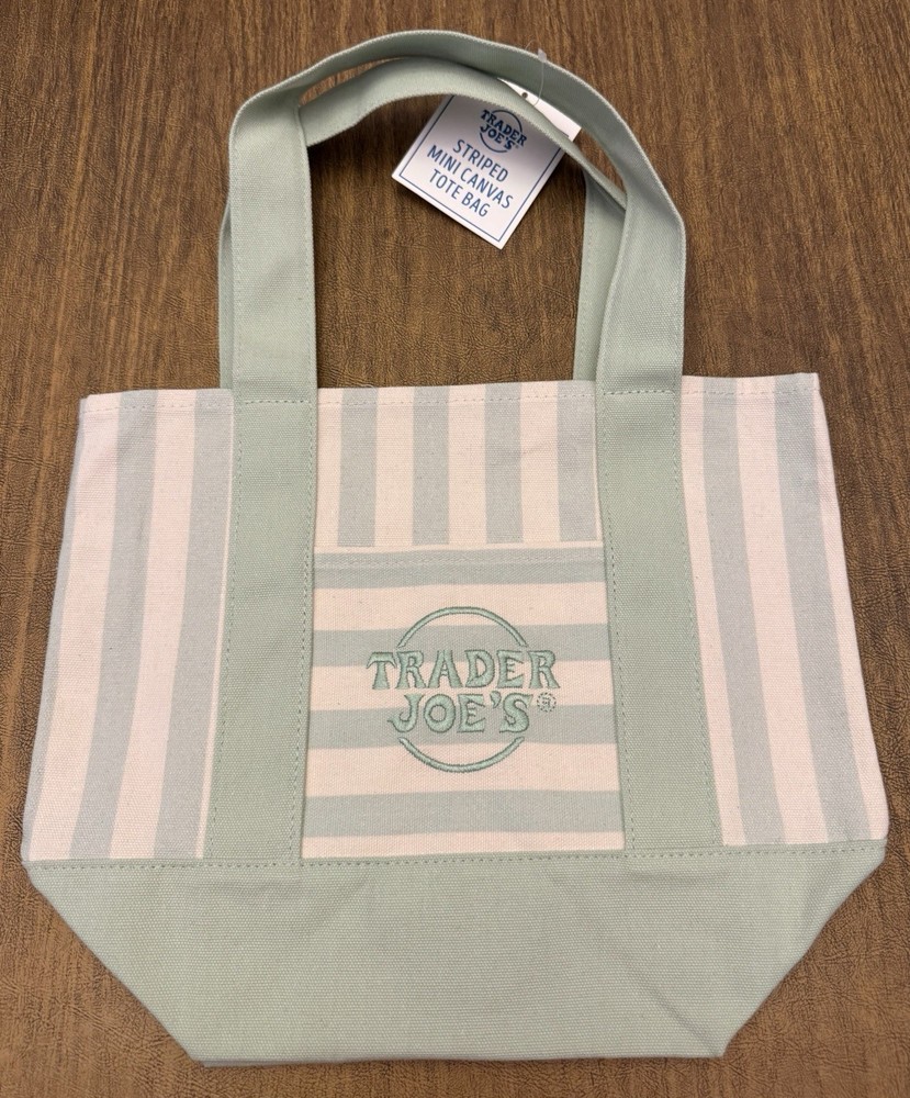 New Trader Joe’s Mini Pastel Stripe GREEN Canvas Tote Bag 2026 Limited Edition