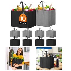 Large Foldable Tote Bags, 10-Pack – Stylish Grey & Black Reusable Grocery Bags