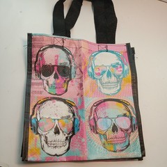 Skulls w/ Headphones POP Art Durable Reusable Grocery Shopping Gift Small.