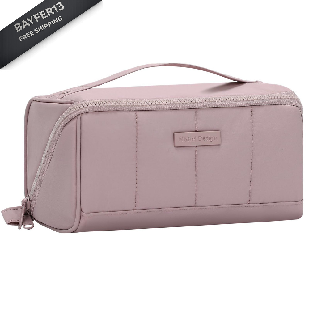 NISHEL Travel Makeup Bag for Women, Fluffy & Lightweight Medium, Peach-Pink