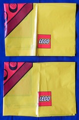 2 Large Lego Retail Store Bags, 33″x24″ Bright Yellow Vinyl, Logo + Brick Art