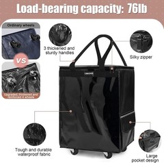 Rolling Shopping Tote Medium Black Foldable 76lb Capacity