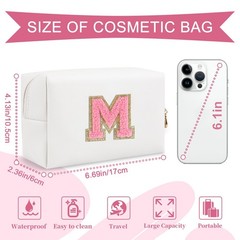 Personalized Makeup Bag Initial A-Z Preppy Patch M, White,Pink-Letter