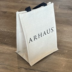 NWOT ARHAUS Jute Beige Tan Black Logo Reusable Shopping Gift Bag 13″x10″x7”