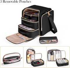 Travel Makeup Bag with 5 Removable Cases, Large Cosmetic Case Make up Black