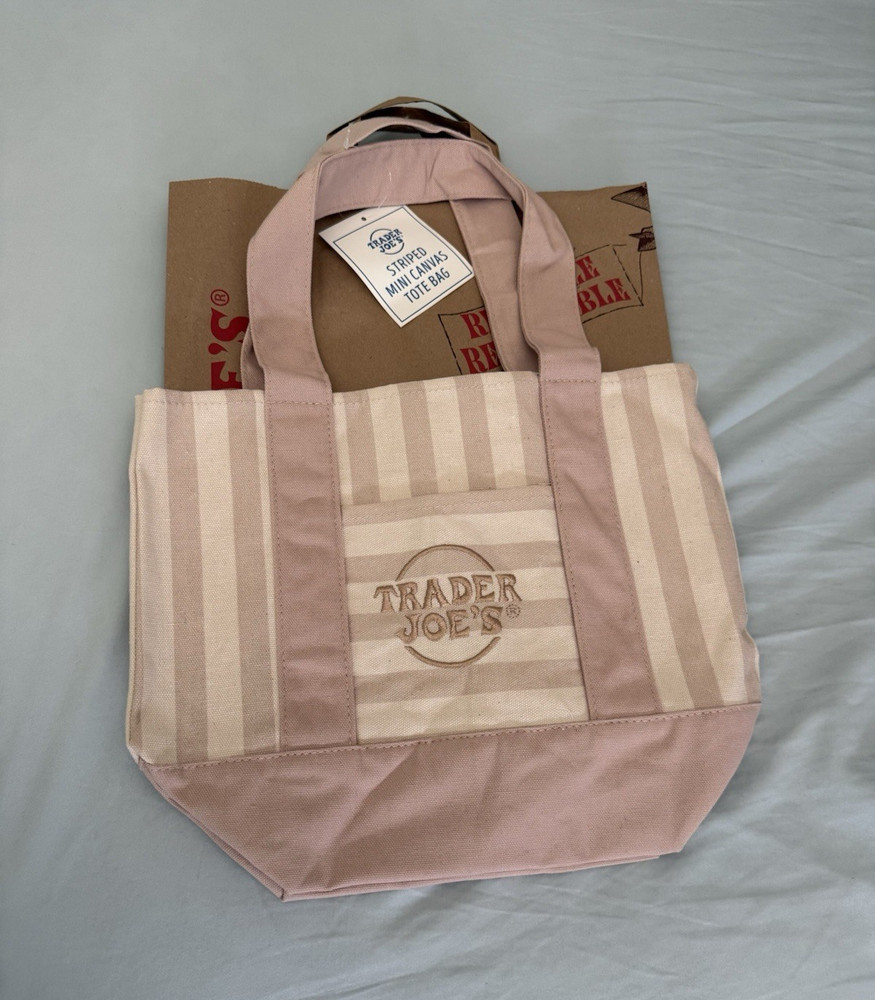 Trader Joe’s Mini Canvas Tote Bag Striped Beige/Tan 13x6x11 in New