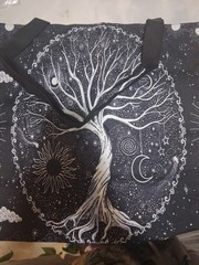 Black & White Celestial Tree Sun Moon Stars Reusable Tote Bag 7×6 in
