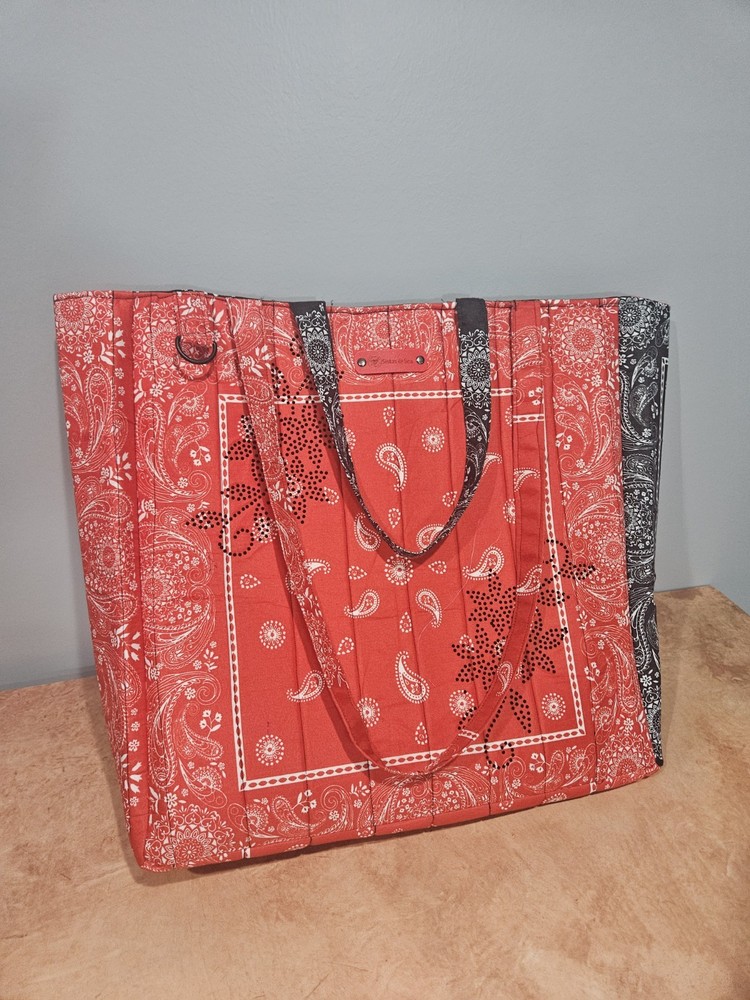Large Reusable Polyester Tote Bag Red/Black/White Paisley Bandana Print 18x18x6