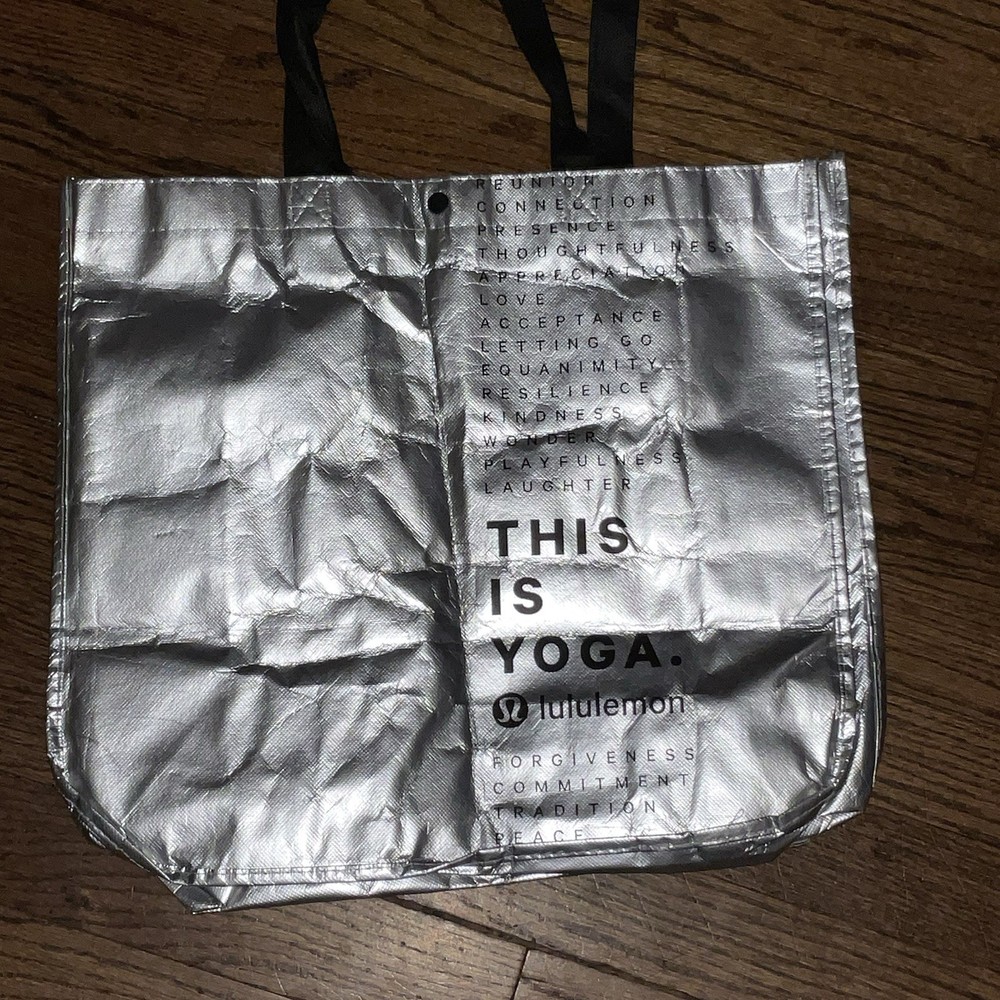 Lululemon Silver Foldable Reusable Shopping Bag Plastic Modern Black