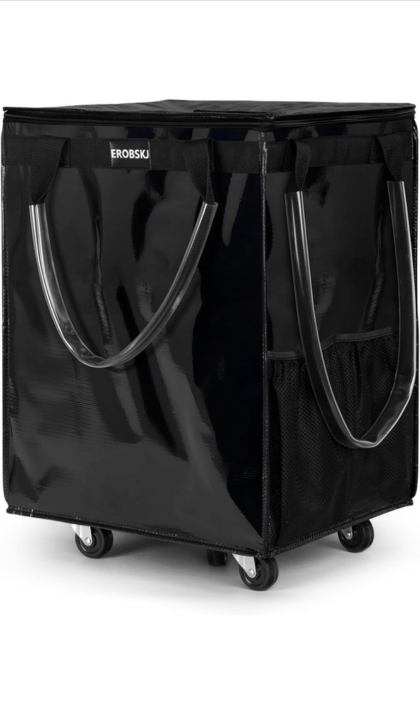 (Medium, Black) Reusable Grocery Bag on Wheels, 70L Foldable Rolling Tote, 66Lbs