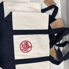 Trader Joe’s Foldable Canvas Reusable Tote Bag Beige Navy Blue Solid