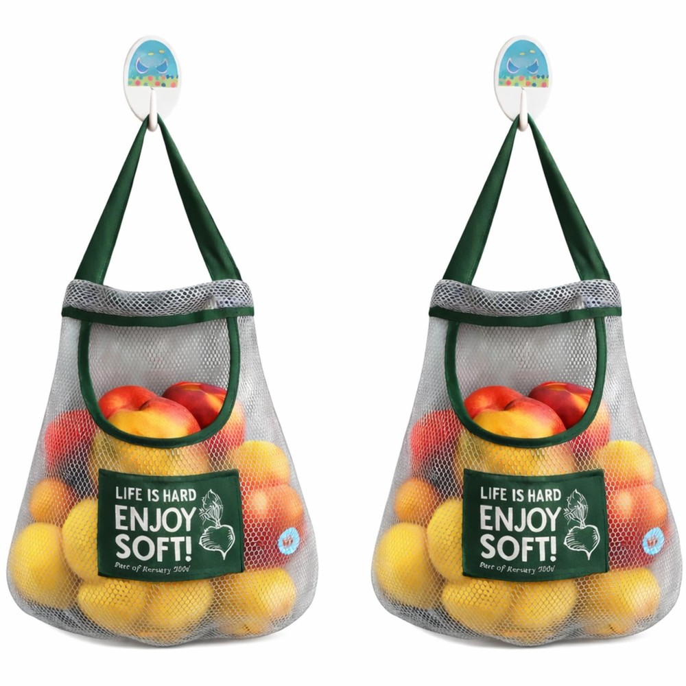 Durable Reusable Hanging Storage Mesh Bags Fruits Vegetables Garlic Potato 2Pc