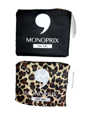 TWO XXL Monoprix reusable Shopping bags, Black & Leopard from Paris France