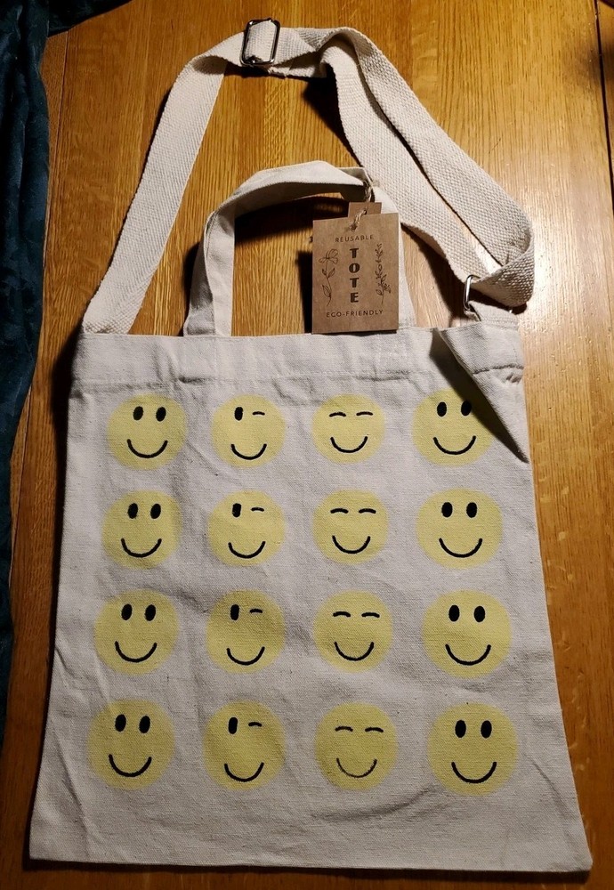 Enchante Smiley Faces 14″ Shoulder / Crossbody Canvas Reusable Shopping Tote Bag