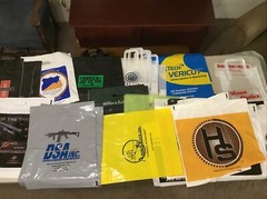 Plastic Tote Bags Lot Of 30+ Ammunition Gun Optics Logos Assorted Sizes