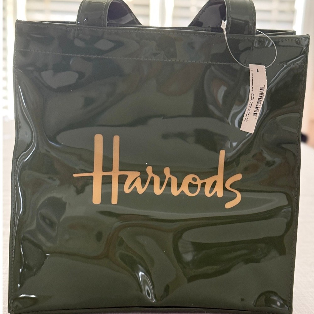 Harrods NWT | sold out small green gloss gold logo shopper tote purse lunch bag