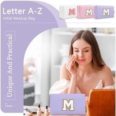 Personalized Makeup Bag Initial A-Z Preppy Patch M, Purple,White-Letter