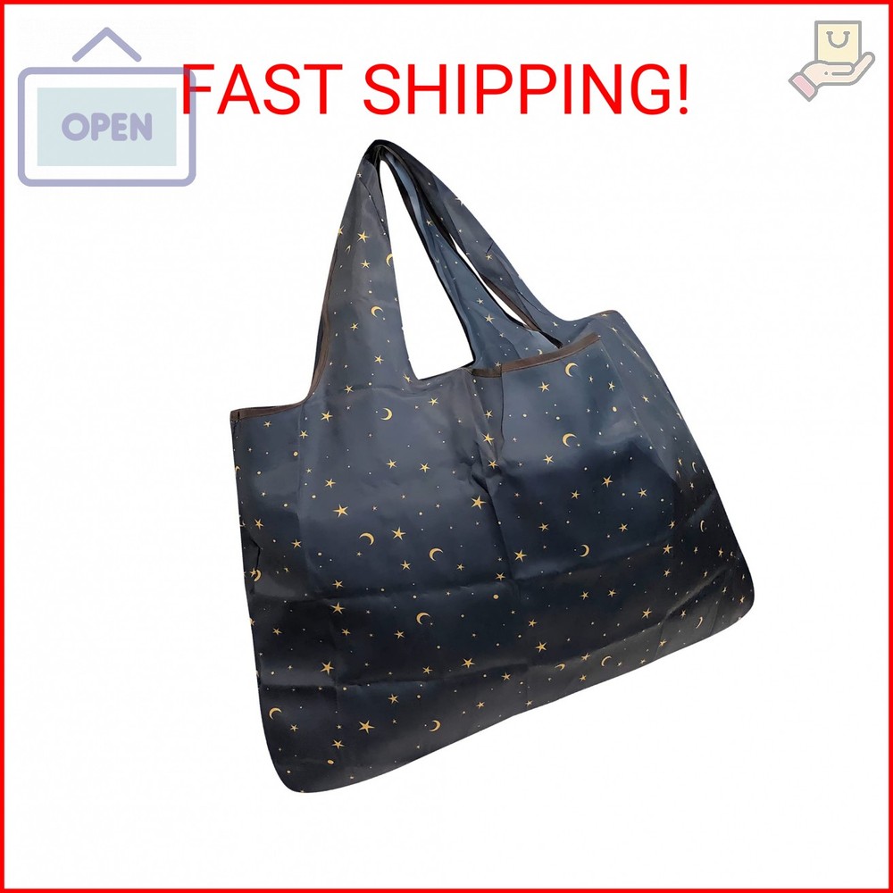 allydrew Large Foldable Tote Nylon Reusable Grocery Bag, Moon & Stars
