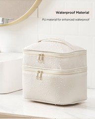 HBlife Double Layer Travel Makeup Bag Portable Cute Leather Large, Beige