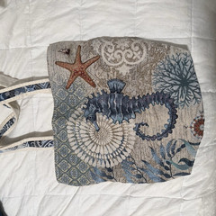 Canvas Zip-Top Tote Bag Sea Life Pattern Multicolor Medium 20x12x14 in