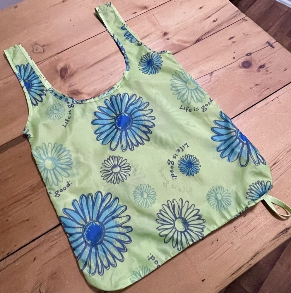 Life Is Good Reusable Shopping Bag Foldable Reuse Green Blue Floral Medium Tote